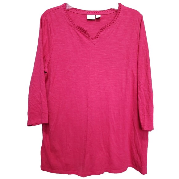 Chico's Red Cotton Embroidered Notch Neck 3/4 Sleeve T-Shirt Size 2 Large - Picture 1 of 8